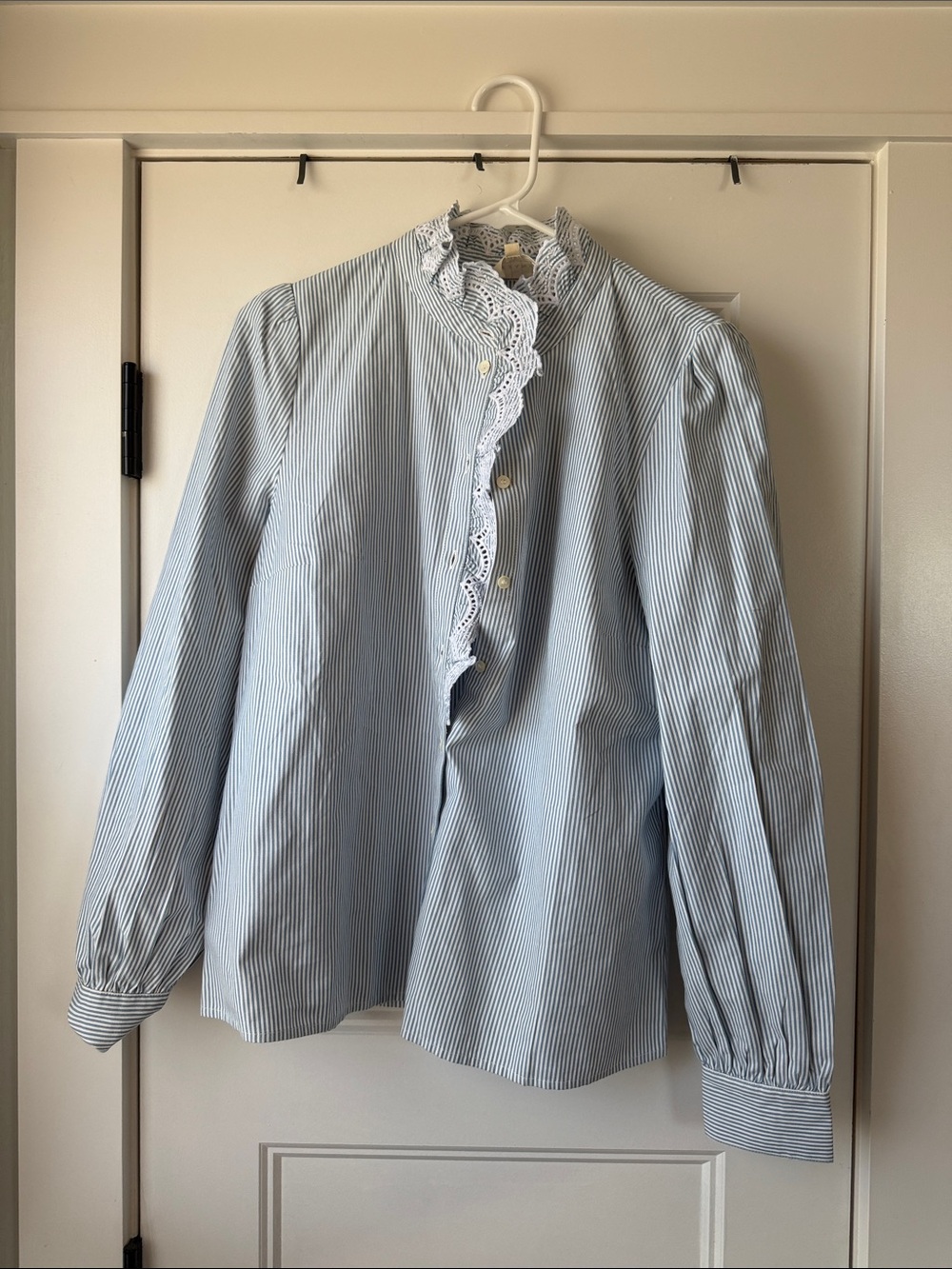 Sezane Blue Stripe Ruffled Lace Collar Shirt